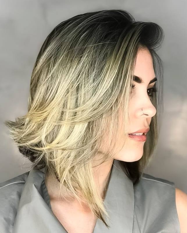 Mid-Length Combover Bob with Blonde Balayage
