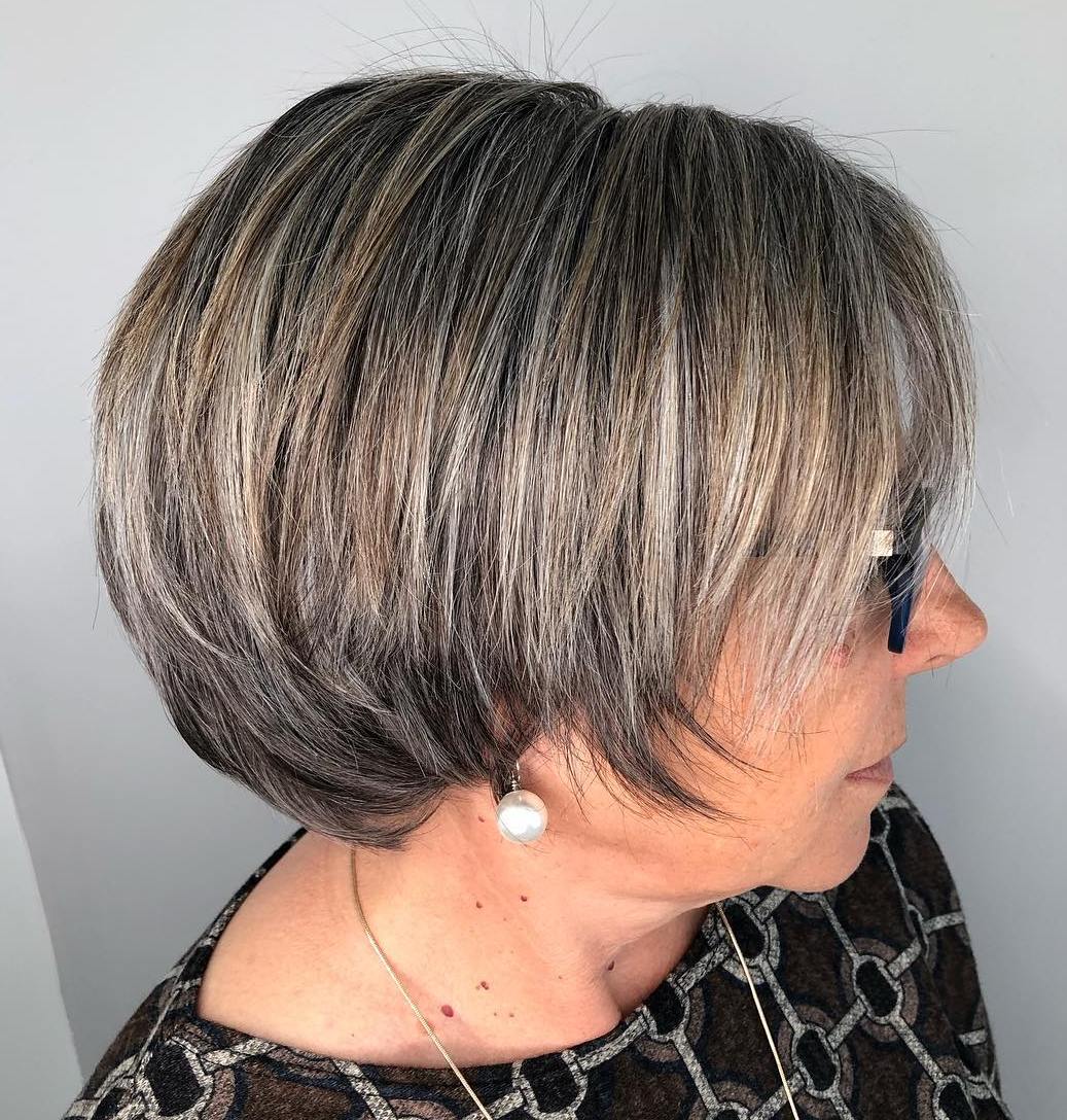 Short Brown Bob with Gray Highlights