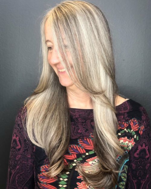 Long Gray Hair with Layers and Lowlights