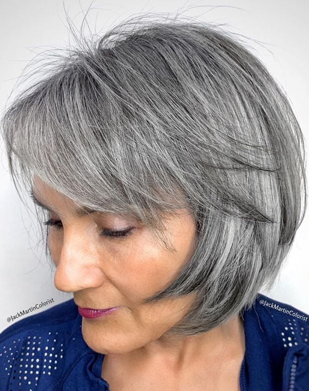 Angled Salt and Pepper Bob with Bangs